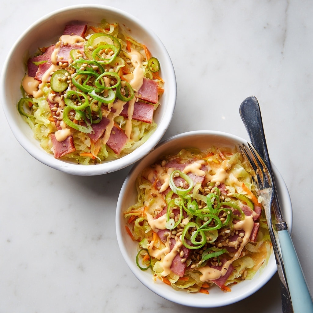 A white bowl filled with a layered dish starting with a base of light yellow shredded cabbage mixed with small bits of orange carrot, topped with thin rectangular pieces of pinkish ham, scattered green sliced pickles, and a generous sprinkle of melted light yellow cheese. There is a drizzle of creamy pale orange sauce over the top, garnished with thin rings of fresh green scallions and small brown seeds. On the right edge of the bowl rests a fork with a silver top and a light blue handle. The bowl sits on a white marbled textured surface. photo taken with an iphone --ar 4:5 --v 7