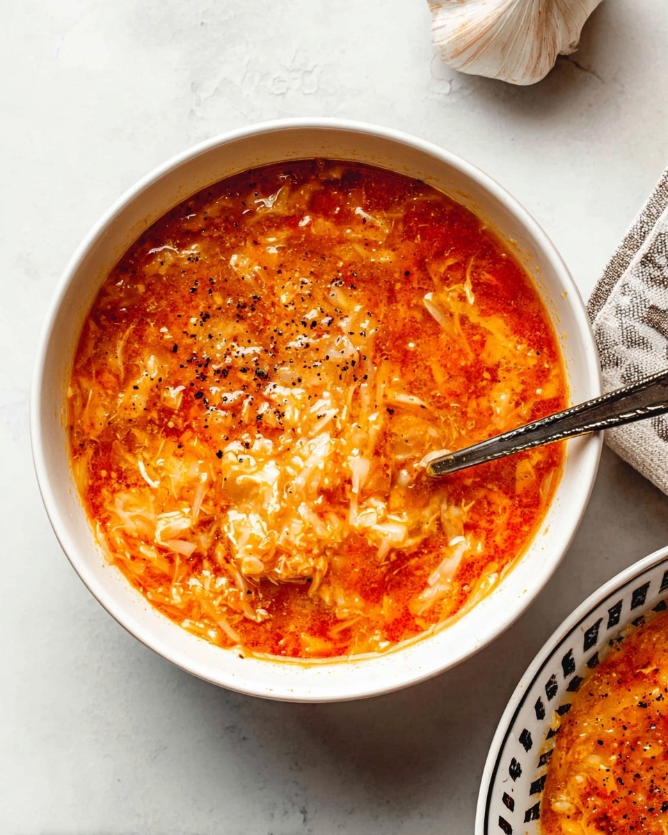 A white bowl filled with a thick, textured soup showing a mix of soft, shredded white bits and bright orange-red broth layers all stirred together, creating a marbled effect with scattered black pepper on top; a silver spoon rests inside the bowl sinking into the soup. Part of a second similar bowl and a white marbled surface are seen around the main bowl, with a whole garlic bulb resting on a white bowl with black zigzag patterns just at the edge. photo taken with an iphone --ar 4:5 --v 7