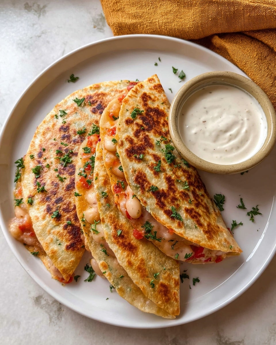 Three golden brown folded quesadillas sit on a white plate, each with light to dark toasted spots and topped with chopped green herbs. The quesadillas show a glimpse of melted cheese mixed with small white beans and red bell pepper pieces peeking out from the edges. A small beige bowl filled with smooth, creamy white sauce is placed on the plate next to the quesadillas. The plate is set against a white marbled surface with a soft mustard-colored cloth in the background. photo taken with an iphone --ar 4:5 --v 7