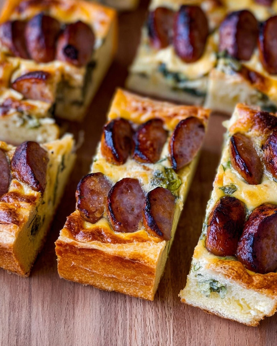 The image shows several rectangular pieces of a savory dish arranged on a wooden surface, each piece having three main layers. The bottom layer is a thick, golden-brown crust with a slightly rough texture and a firm edge. Above this is a creamy, pale yellow layer mixed with green bits, creating a soft and moist texture. The top layer consists of browned, sliced sausage pieces arranged in a row, with the sausage slices showing a rich brown color and some charring, adding contrast and texture. The dish appears hearty and warm. photo taken with an iphone --ar 4:5 --v 7