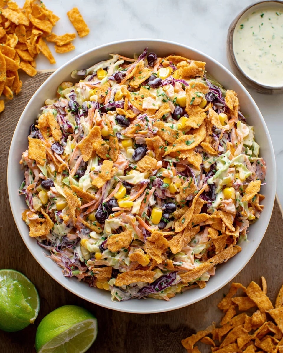 A close-up image shows a colorful mix of a layered salad in a white bowl set on a white marbled surface. The bottom layer is shredded pale green cabbage with some purple cabbage strands, above it are small chopped pieces of green jalapeño, red tomato, black beans, and yellow corn kernels mixed in a creamy white dressing. Scattered on top are broken orange, crispy chip-like chips adding texture and crunchy detail. The different textures and colors are mixed evenly, showing a fresh and vibrant dish. Photo taken with an iphone --ar 4:5 --v 7