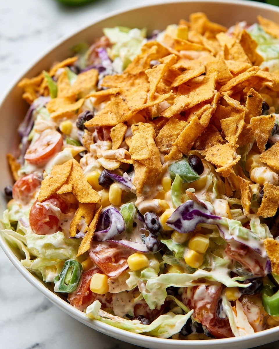 A white bowl filled with a colorful layered salad sits centered on a white marbled surface. The salad has three main layers: a creamy light orange dressing coating shredded white and purple cabbage and carrot strips, a mix of yellow corn kernels and black beans scattered throughout, and crispy orange chip-like pieces on top adding texture. The mixture looks fresh with small green herb sprinkles. Around the bowl on the surface, there are more orange chip pieces, a halved green lime, and a small white bowl with a creamy white sauce. Photo taken with an iphone --ar 4:5 --v 7