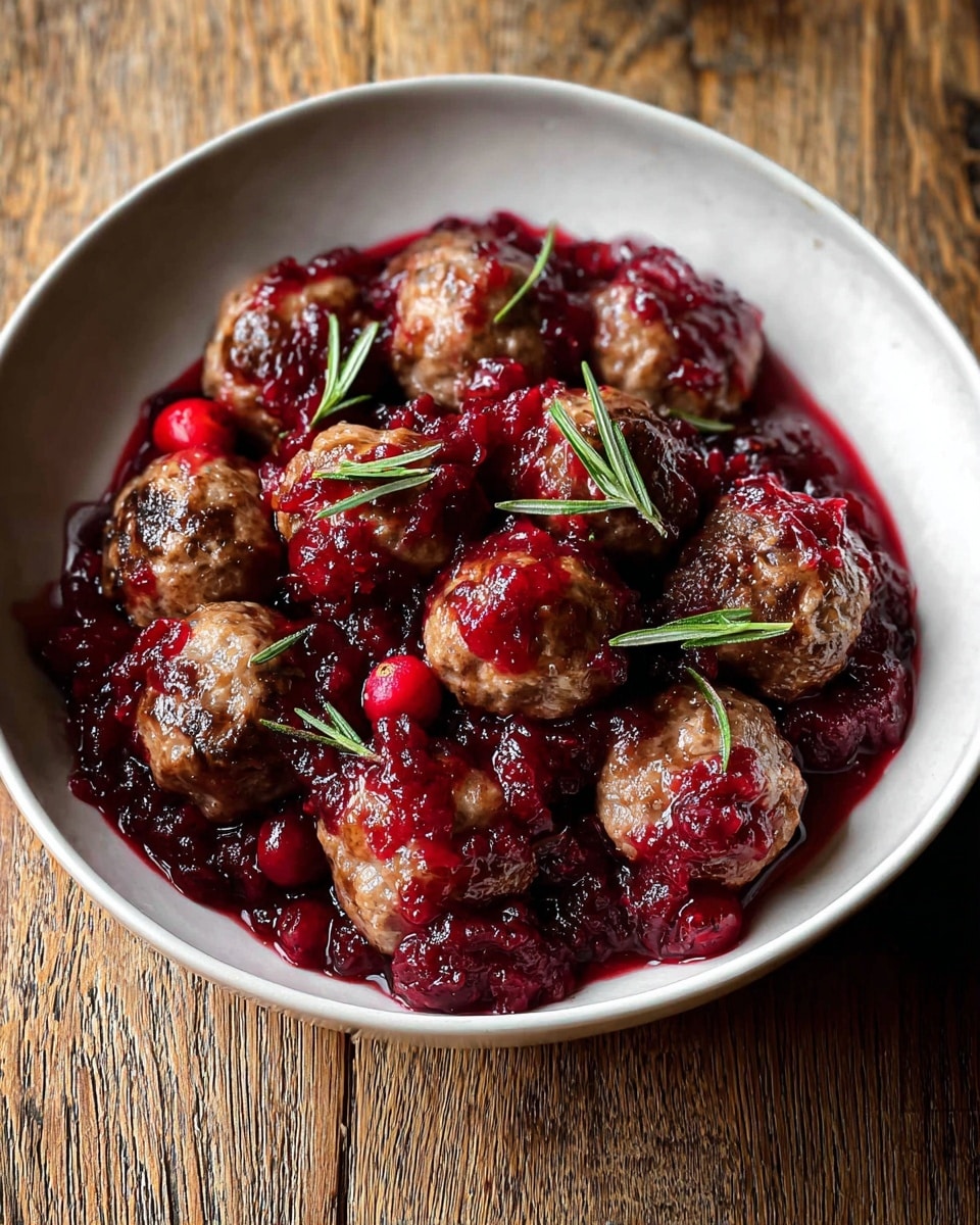 A white bowl filled with about a dozen golden-brown meatballs, each topped and surrounded by a thick, glossy deep red cranberry sauce with visible chunks of cranberries. Green rosemary sprigs are scattered on top, adding a fresh contrast to the warm colors. The bowl sits on a wooden surface, but for the prompt, imagine a white marbled texture below. The meatballs look juicy and well-cooked, with the shiny cranberry sauce adding a sticky texture on top. photo taken with an iphone --ar 4:5 --v 7