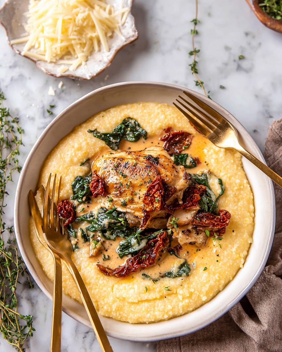 A white bowl filled with creamy yellow grits that have a smooth and slightly grainy texture forms the base layer. On top, there is a piece of golden-brown cooked chicken with a crispy, seared surface, nestled in a light orange creamy sauce. Scattered over the chicken and sauce are dark green wilted spinach leaves and sun-dried tomatoes with a deep red, wrinkled look. Fresh green thyme sprigs are sprinkled on top for color and decoration. Two golden-colored forks rest on the left edge of the bowl. The bowl is placed on a white marbled surface, next to a small white plate holding shaved pale yellow cheese and more thyme. Photo taken with an iphone --ar 4:5 --v 7