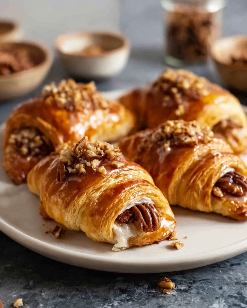 The image shows a white plate filled with golden brown croissants, each topped with a glossy layer of honey or syrup and covered with glossy dark and light brown pecan nuts, making the nuts appear sticky and shiny. The croissants have multiple flaky layers visible on the sides, with the texture looking soft and buttery. The nuts give a rough texture on top, contrasting with the smooth shiny syrup coating. The plate sits on a white marbled surface, and the focus is on the front croissant, with others softly blurred in the background. photo taken with an iphone --ar 4:5 --v 7