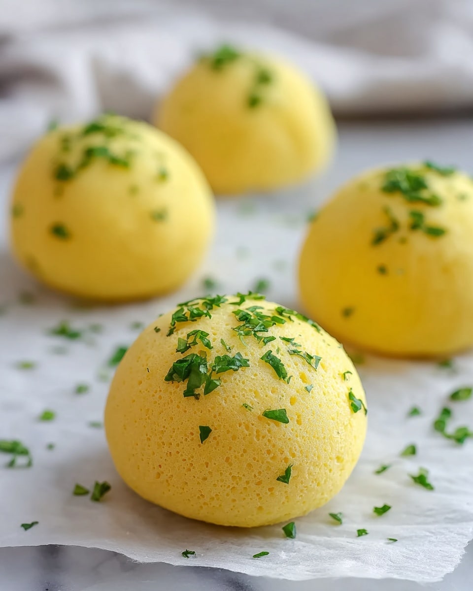 The image shows four round, yellow balls with a soft, slightly porous texture on a white marbled surface covered partially with white parchment paper. Each ball is topped with small, bright green chopped herbs scattered evenly on the surface and around the balls. The focus is on the closest ball with the three others softly blurred in the background, enhancing the texture of the yellow balls and the freshness of the green herbs. photo taken with an iphone --ar 4:5 --v 7