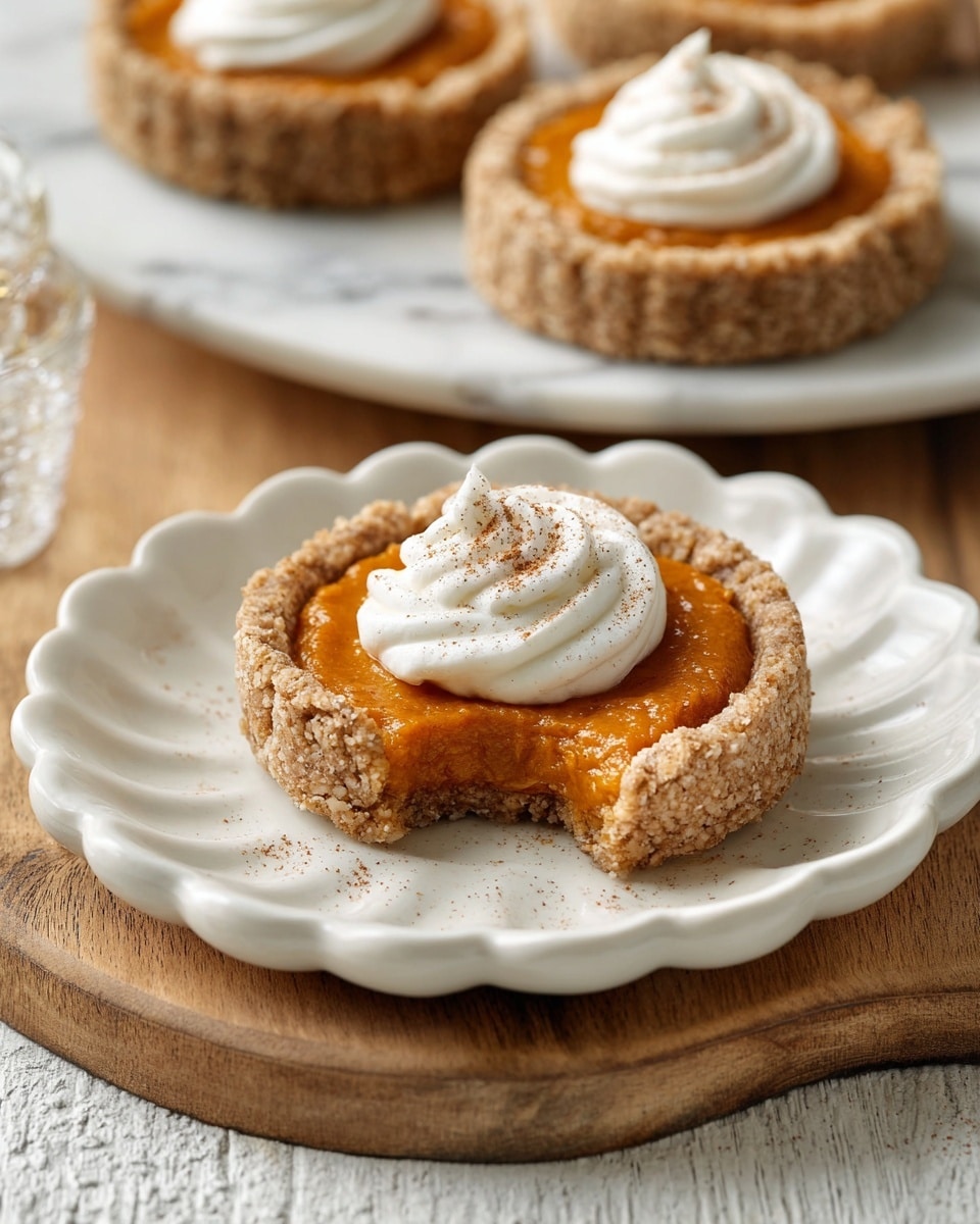 A close-up of a small tart held by a woman's hand shows three layers: the outer crumbly light brown crust with a rough texture, the smooth deep orange pumpkin filling in the center, and a swirl of white whipped cream dusted with light brown spice on top, shaped like a flower. In the background, more tarts with the same layers are placed on a round white plate with a white marbled surface underneath. Photo taken with an iphone --ar 4:5 --v 7
