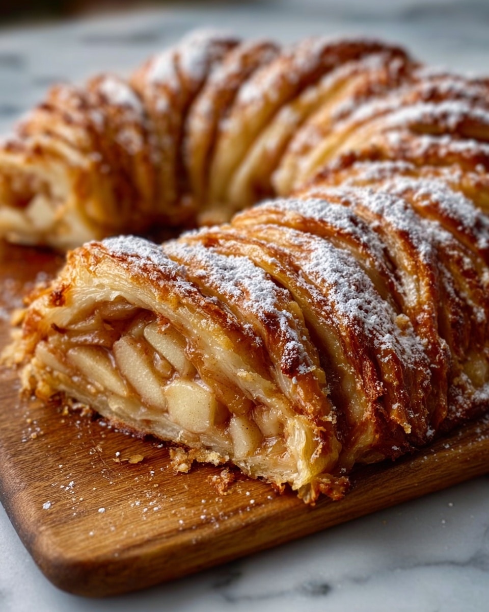 A wreath-shaped pastry with many twisted layers, each golden brown and crispy with sugar crystals sprinkled on top. The pastry is coated with thick white icing that drips slightly down the sides. It sits on a round wooden board, placed on a white marbled surface, and in the background, there's a blurred cup. A woman's hand is about to reach for the pastry from the right side. Photo taken with an iphone --ar 4:5 --v 7