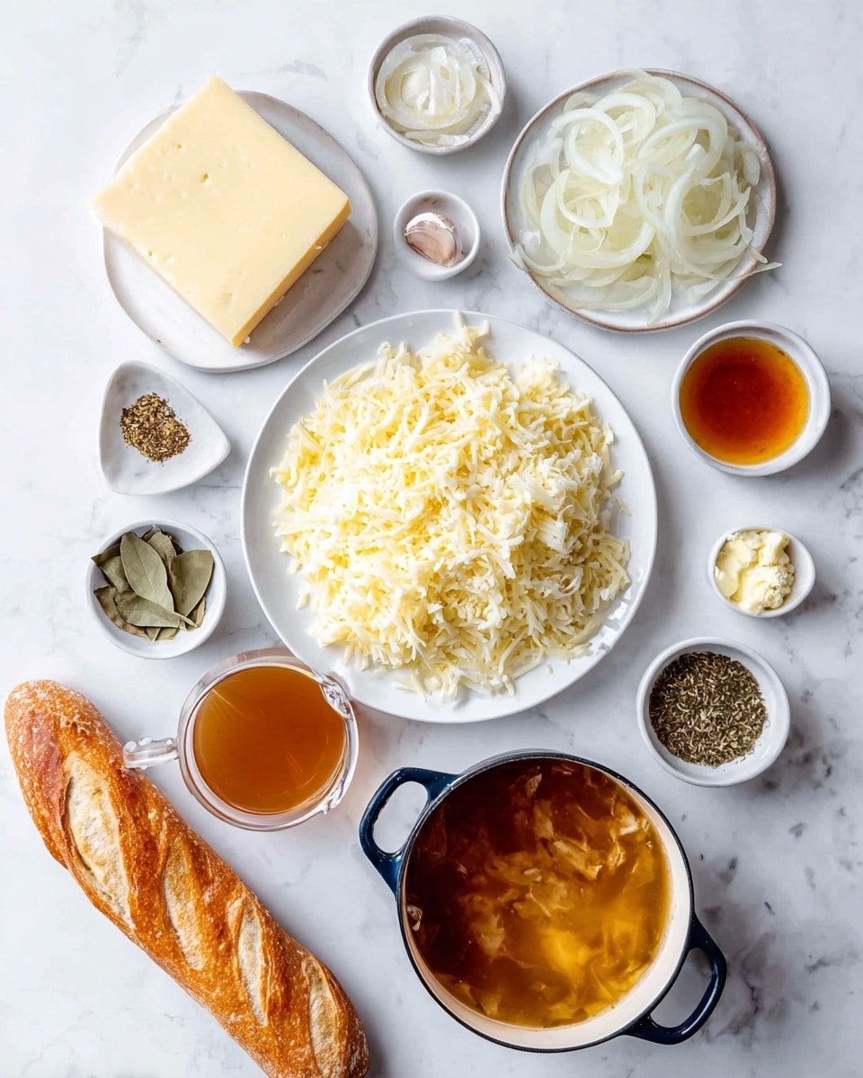 A top view of a white round plate filled with two layers: the bottom layer is shredded pale yellow cheese spread evenly, and on top is a block of Swiss cheese off-center; next to it, a white pot with dark blue handles holds thinly sliced white onions. Around these are small white bowls containing: minced garlic, mixed salt and black pepper, amber-colored liquid, golden yellow melted butter, reddish-brown sauce, translucent clear liquid, and a white small dish with dried herbs and bay leaves. A glass measuring cup with brown broth sits near the bottom left, and a crusty lightly golden baguette is placed diagonally on the white marbled surface. The whole setting is clean and bright with soft shadows. photo taken with an iphone --ar 4:5 --v 7