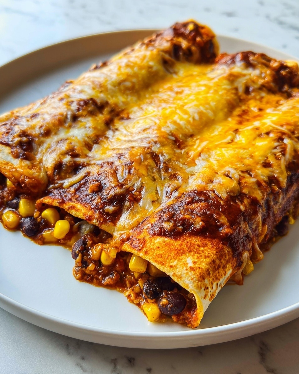 Two rolled tortillas filled with bright yellow corn kernels and black beans sit side by side on a white plate, placed on a white marbled surface. The tortillas are covered with a rich reddish-brown sauce, topped with melted cheese that has a golden-orange and creamy white mix, slightly browned in places. The edges of the tortillas show some toasty spots, adding texture and depth to the dish. The filling peeks out from the end of the tortillas, showing the colorful mix inside. Photo taken with an iphone --ar 4:5 --v 7