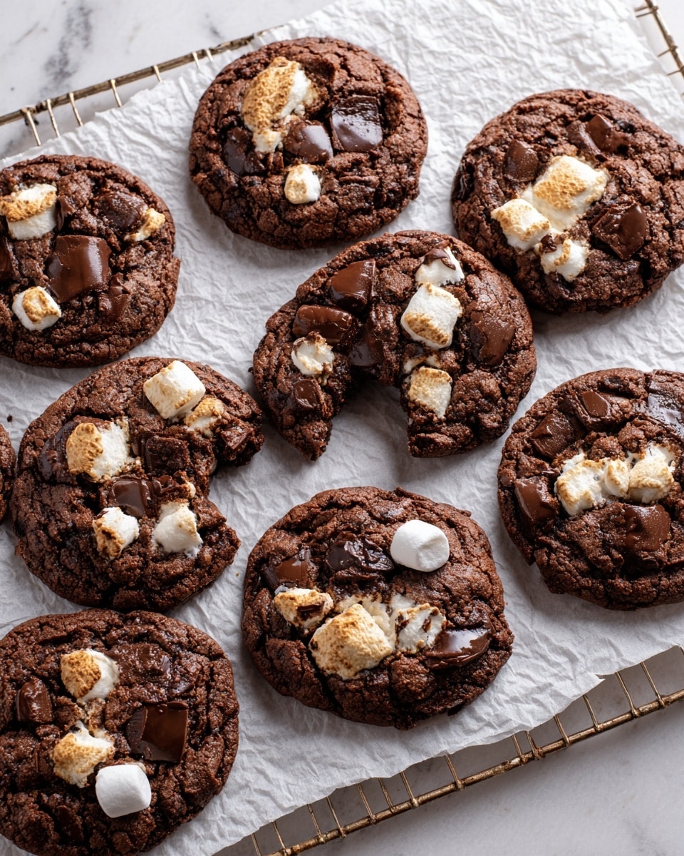 A close-up image of a single chocolate cookie with a bite taken out of it, showing a soft, rich brown base with a slightly cracked surface. On top are melted dark brown chocolate chunks and toasted marshmallows that are golden on the edges and white inside, sitting unevenly on the cookie. In the background, there are more similar cookies blurred out, all placed on a white marbled surface. The cookie’s texture looks soft and gooey with a glossy chocolate topping. Photo taken with an iphone --ar 4:5 --v 7