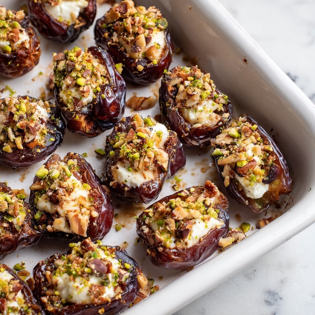The image shows a close-up of eight stuffed dates on a white marbled surface. Each date is split open and filled with creamy white cheese, topped with crushed light brown nuts. The dark brown, shiny skin of the dates contrasts with the soft, white filling. A golden syrup or honey is drizzled over and around the dates, creating a glossy, sticky texture that pools slightly on the surface. The nuts add a rough texture and small pieces are scattered around the dates. Photo taken with an iphone --ar 4:5 --v 7