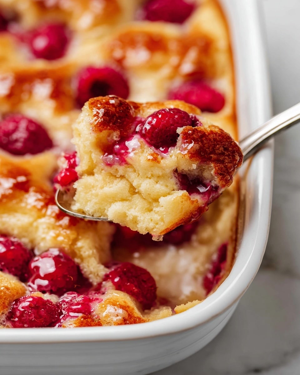 A close-up view of a golden brown baked dessert with a soft, spongy texture, studded with bright red raspberries scattered unevenly on the surface. The dessert is in a white baking dish with slightly rounded edges, resting on a white marbled surface. A spoon lifts a piece from the dish, showing the moist inside with the raspberries embedded in the light yellow, airy cake layer. The cake has a shiny glaze that catches the light, making it appear freshly baked. photo taken with an iphone --ar 4:5 --v 7