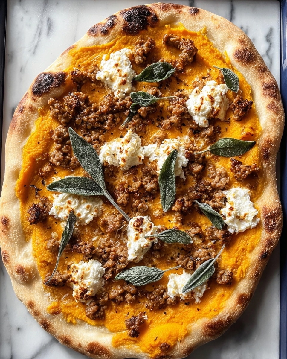 A freshly baked pizza with a thick, light golden crust that is slightly charred in spots, topped with a smooth, bright orange pumpkin sauce spread evenly across the base as the first layer. Scattered over the sauce is a layer of crumbled cooked sausage in a brownish color with a crumbly texture. Over the sausage, there are several dollops of creamy white ricotta cheese, and fresh green sage leaves placed on top, adding a leafy texture. The pizza sits on a white marbled textured surface. Photo taken with an iphone --ar 4:5 --v 7