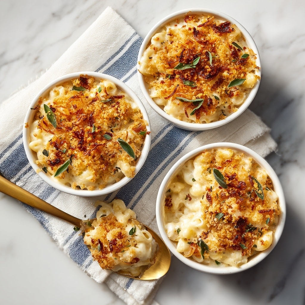 Four white ramekins filled with baked macaroni and cheese sit on a white marbled surface. Each ramekin shows a thick top layer of golden-brown melted cheese with browned spots, stretched and gooey cheese strands rising from one ramekin as cheese and creamy sauce mix with elbow pasta beneath. Small green herb sprigs are scattered on top, adding a fresh touch. A metal fork lifts a cheesy portion with crispy spots and creamy texture, showing layers of soft cooked macaroni and cheese sauce inside. Photo taken with an iphone --ar 4:5 --v 7