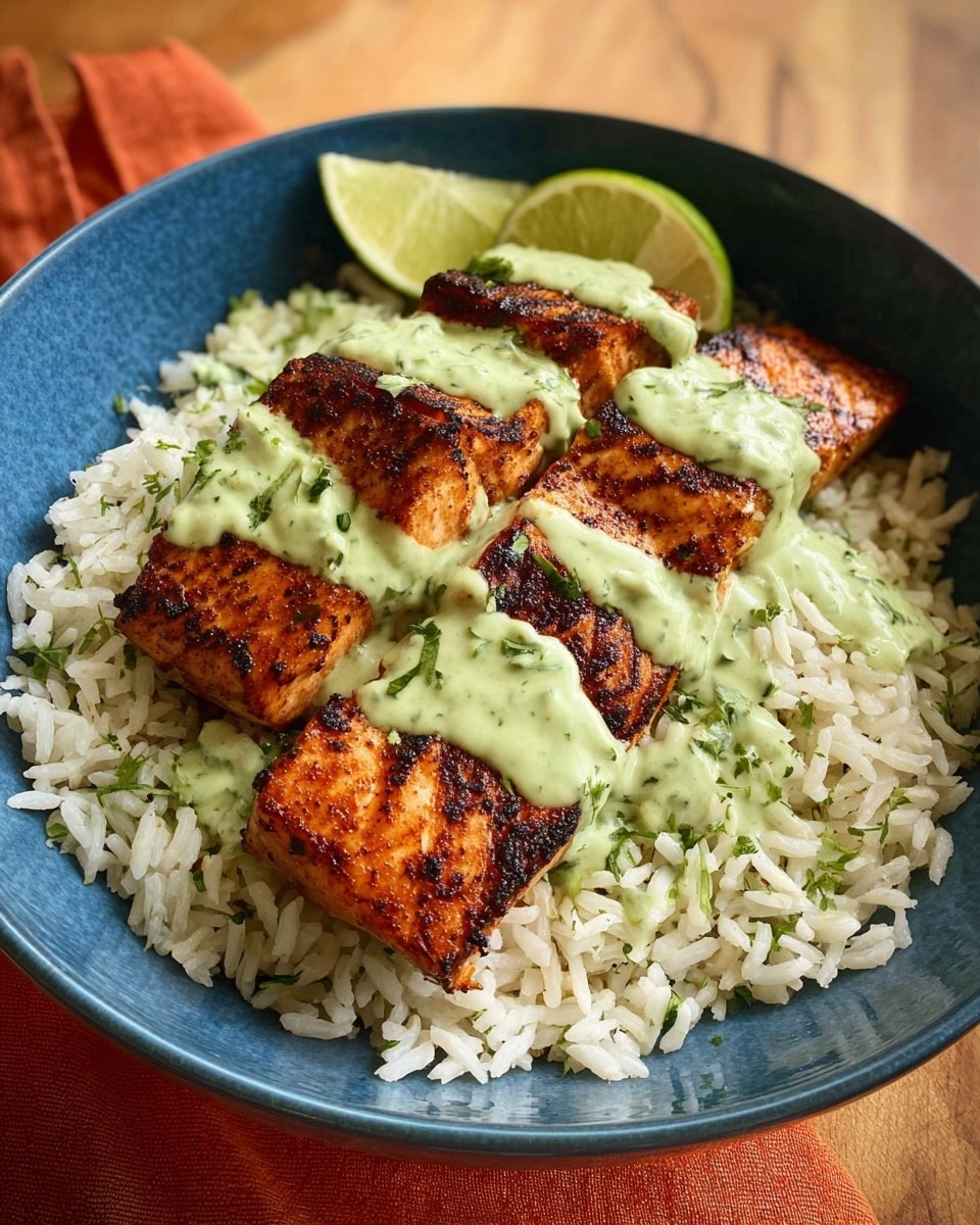 A piece of cooked salmon with a crispy, dark reddish-brown crust sits on a layer of creamy green sauce mixed with herbs, spread flat below it on white marbled texture. On top of the salmon, there are dollops of the same green sauce, sprinkled with small pieces of chopped green herbs, and two thin lime slices, one standing as a wedge and the other laid flat, both with chili flakes. In the blurred background, there are halved limes and a halved avocado, all resting on the white marbled texture. Photo taken with an iphone --ar 4:5 --v 7