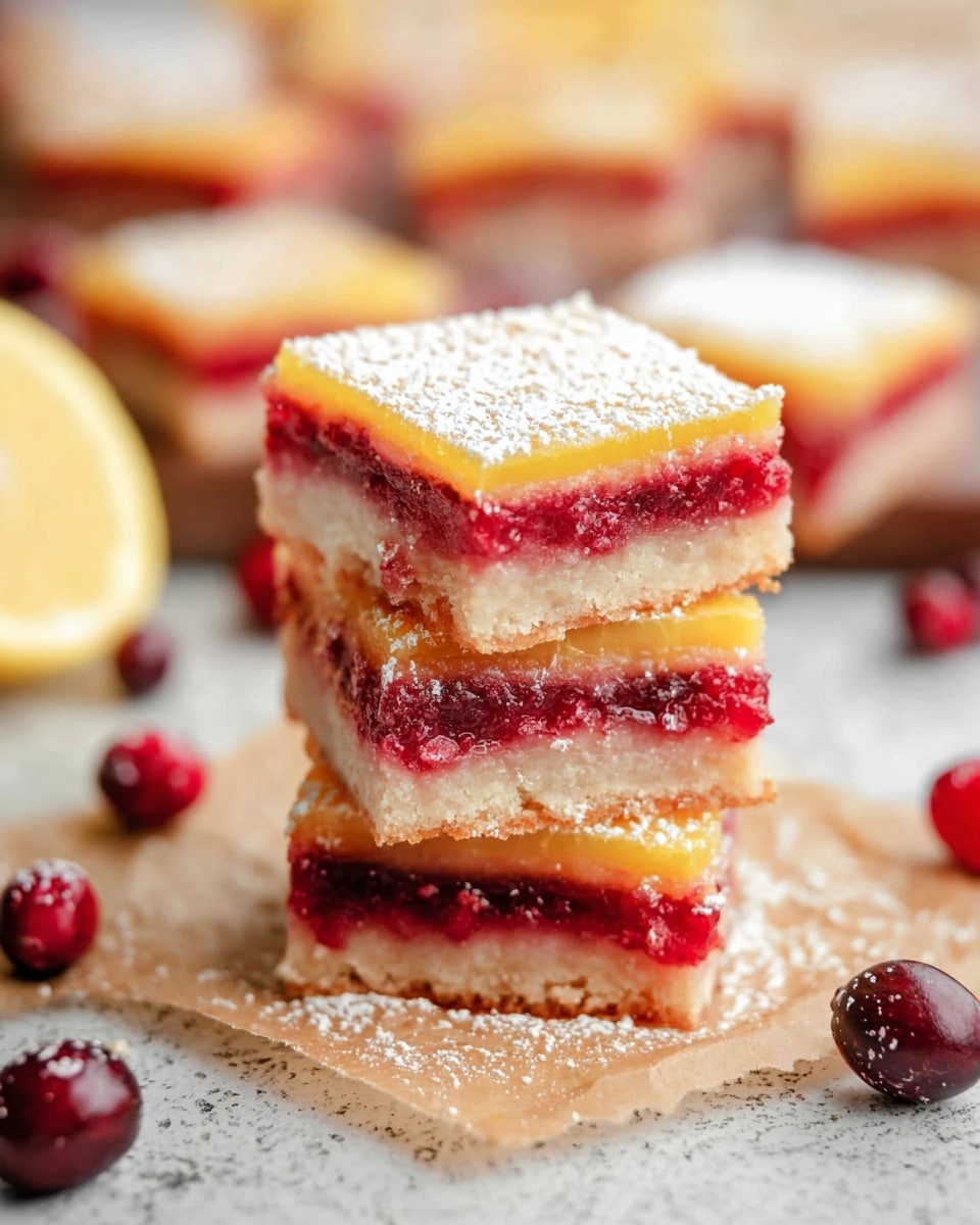 A stack of three square dessert bars is shown on a piece of parchment paper, placed on a white marbled textured surface. Each bar has three visible layers: the bottom layer is a pale, crumbly crust, the middle layer is a bright red and slightly chunky cranberry filling, and the top layer is a smooth, glossy lemon yellow custard. The top of each bar is dusted with a light white powder, likely powdered sugar. Around the bars, fresh cranberries and half a lemon are scattered, adding pops of red and yellow color. In the background, more dessert bars are blurred out, adding depth to the image. photo taken with an iphone --ar 4:5 --v 7