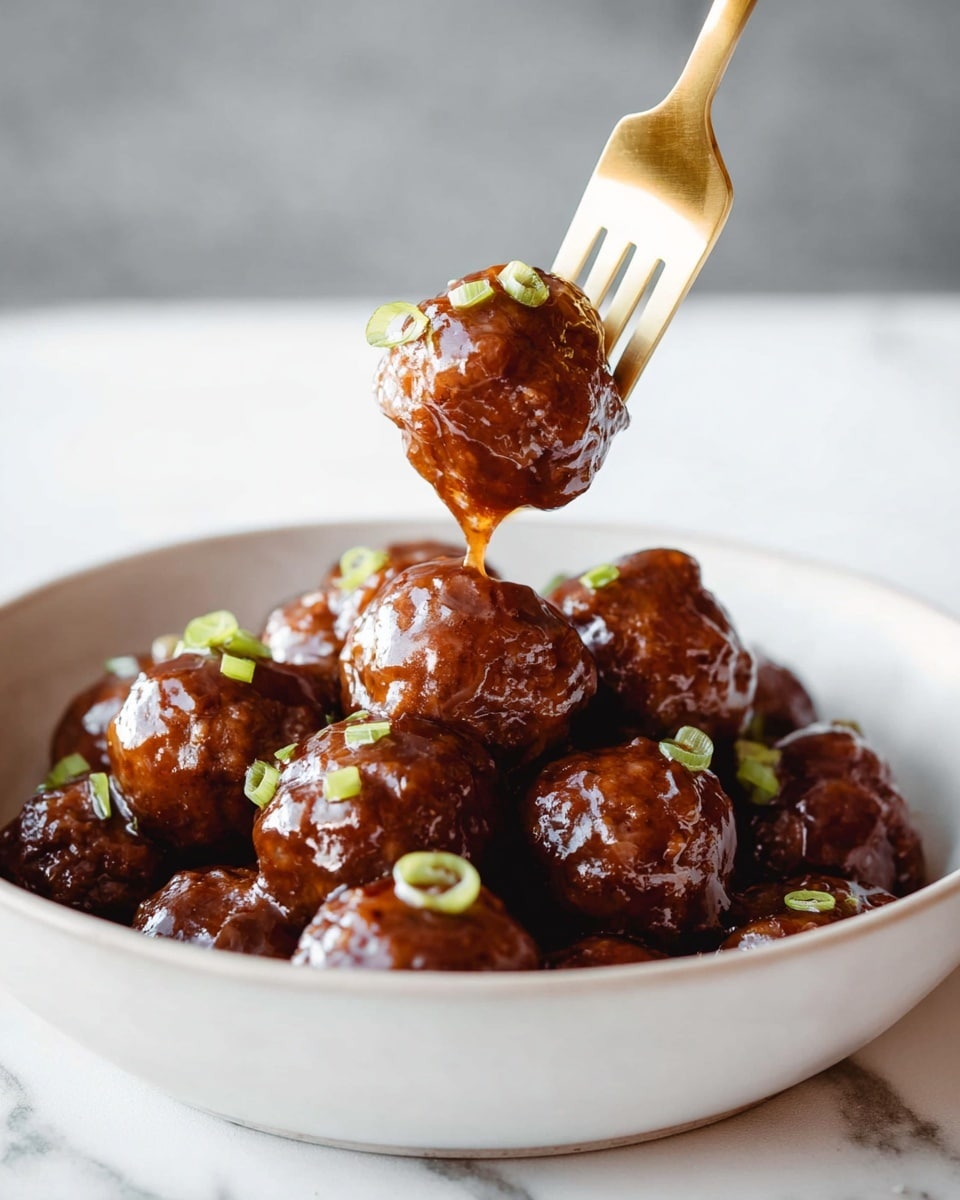 A black iron skillet filled with about twenty shiny, golden-brown meatballs coated in a thick, glossy dark brown sauce. The meatballs are garnished evenly with white sesame seeds and thinly sliced bright green scallions, adding bursts of texture and color. A wooden spoon rests inside the skillet, scooping up one of the meatballs soaked in sauce. The skillet sits on a light-colored cloth, all placed on a white marbled surface. photo taken with an iphone --ar 4:5 --v 7