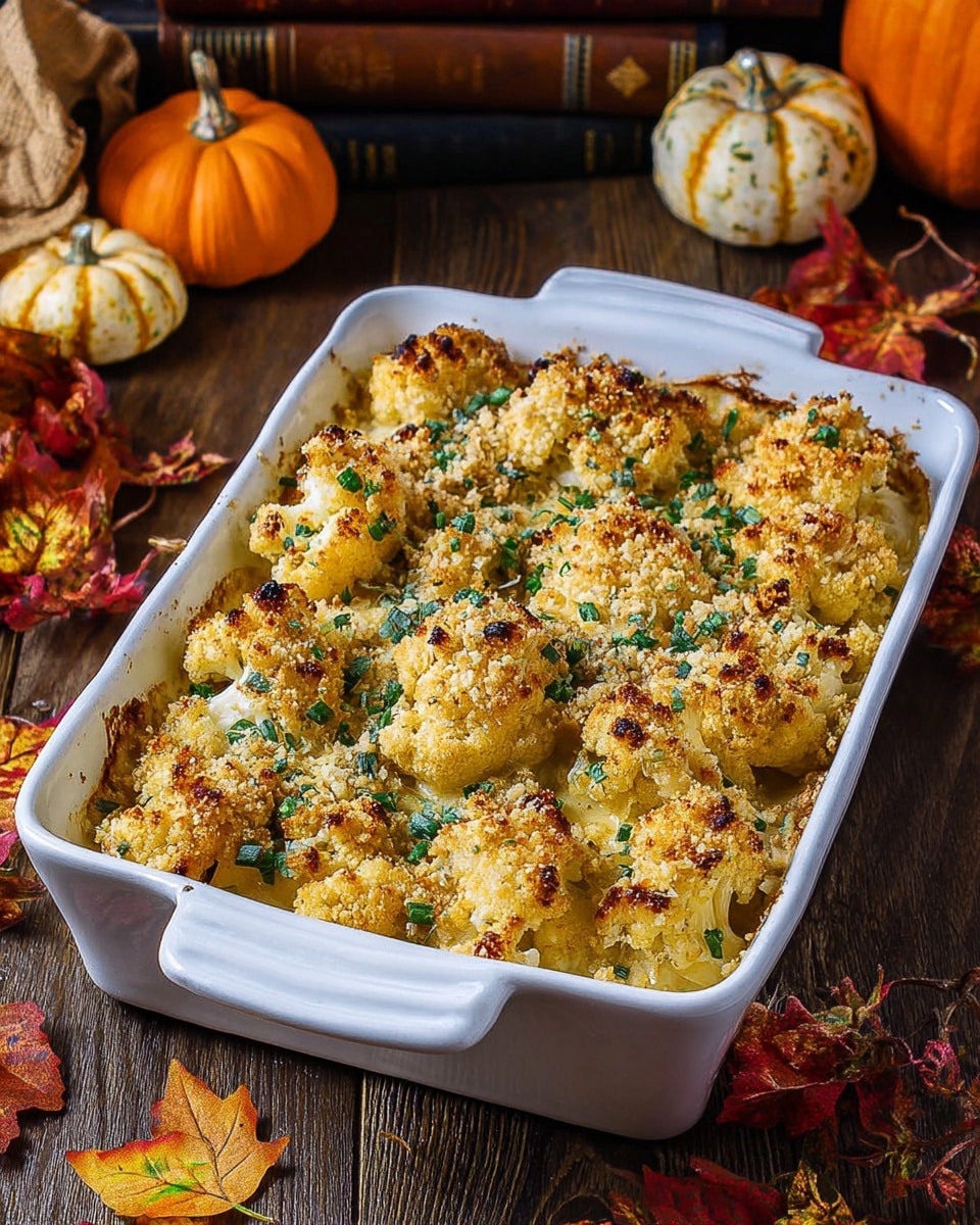 A silver plate holds a pile of creamy baked cauliflower cheese, with about three main cauliflower pieces covered in thick, pale yellow cheese sauce. The top layer is golden brown and crispy breadcrumb crust, speckled with green herbs. The sauce looks rich and smooth, dripping slightly off the sides. In the background, there are small pumpkins in orange and white, some old books, and autumn leaves. The setting is warm and cozy with an autumn theme, placed on a wooden table. photo taken with an iphone --ar 4:5 --v 7