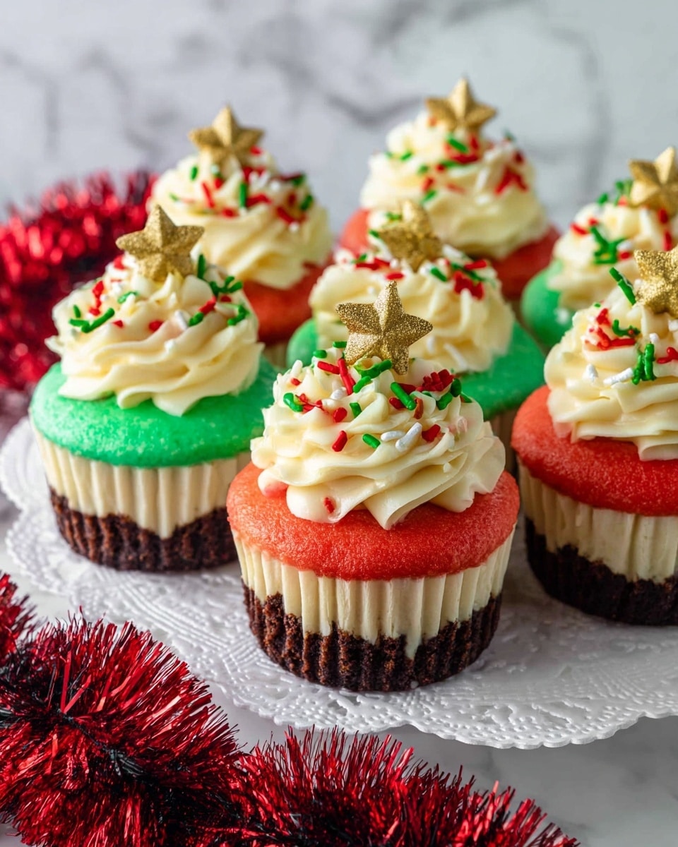 The image shows a close-up of a slice of cheesecake on a white plate, set on a white marbled textured surface. The cheesecake has four visible layers: the bottom layer is a dark brown, crumbly crust; above it is a thick pale yellow cheesecake layer with red and blue swirls running through it; the next layer is lighter in color with more marbled red and blue streaks; on top is a thick, white fluffy frosting decorated with red, green, and gold sprinkles, and a golden star ornament in the center. The background includes blurred festive red and green decorations. Photo taken with an iphone --ar 4:5 --v 7