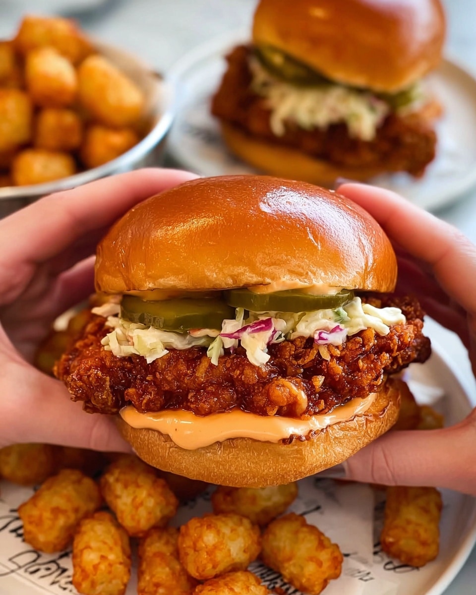 A close-up of a fried chicken sandwich held by two woman's hands, showing a shiny golden brown top bun, followed by a layer of pickle slices and creamy coleslaw, a thick piece of crispy, crunchy fried chicken with a rich brown color, then a layer of light orange sauce on the bottom bun. In the background, there is a second sandwich topped similarly, along with a serving of golden brown tater tots on a white plate, all placed on a white marbled surface. photo taken with an iphone --ar 4:5 --v 7