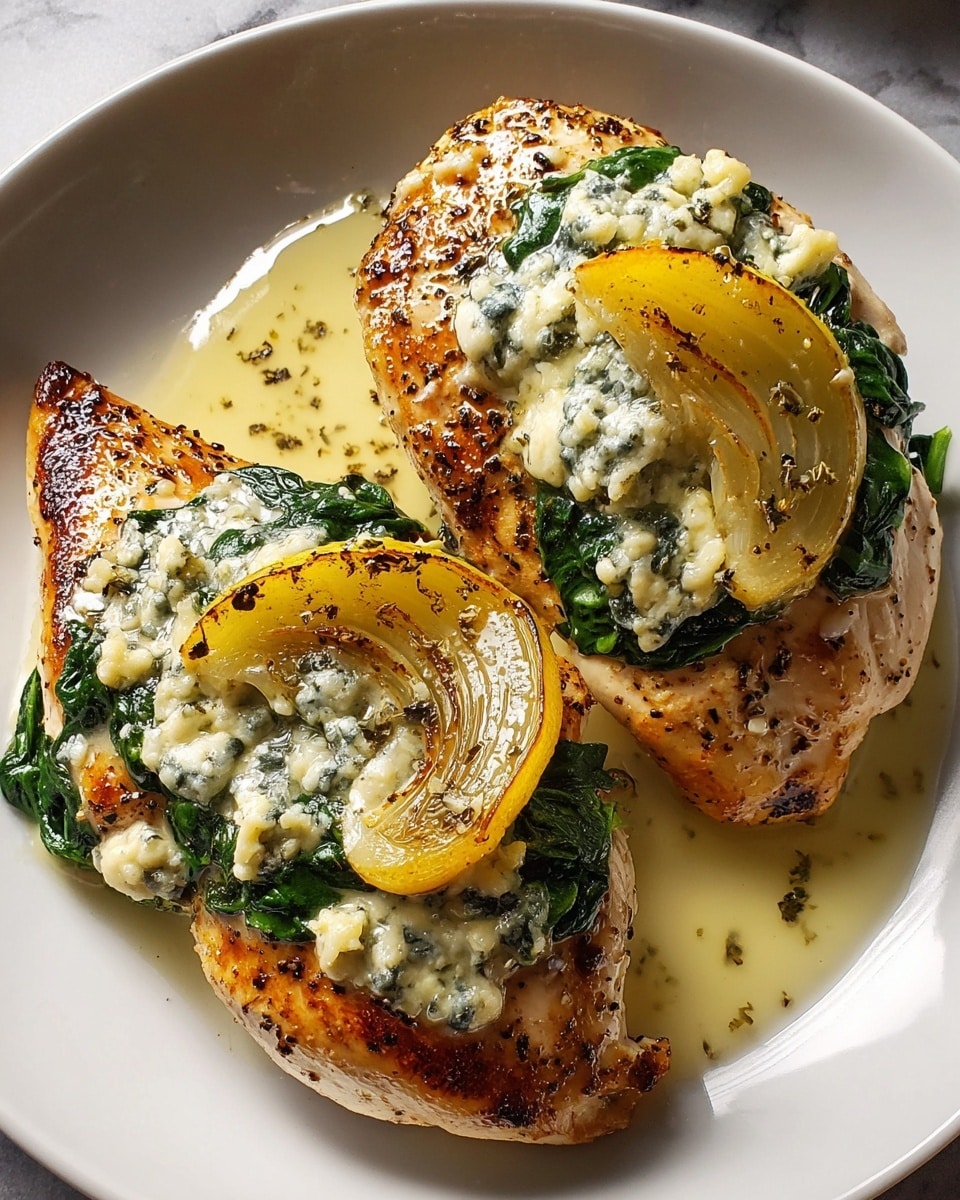A black cast iron pan holds three cooked chicken breasts with golden brown, slightly crispy skin on top. Each chicken breast is topped with thin slices of yellow pear and dollops of creamy blue cheese, with visible blue-green veins. Fresh sprigs of green rosemary are scattered on and around the chicken, adding texture and color. The pan has a shallow pool of dark, glossy sauce, reflecting light softly. More pear slices are placed around the chicken in the sauce. The pan rests on a blue cloth over a white marbled surface. photo taken with an iphone --ar 4:5 --v 7