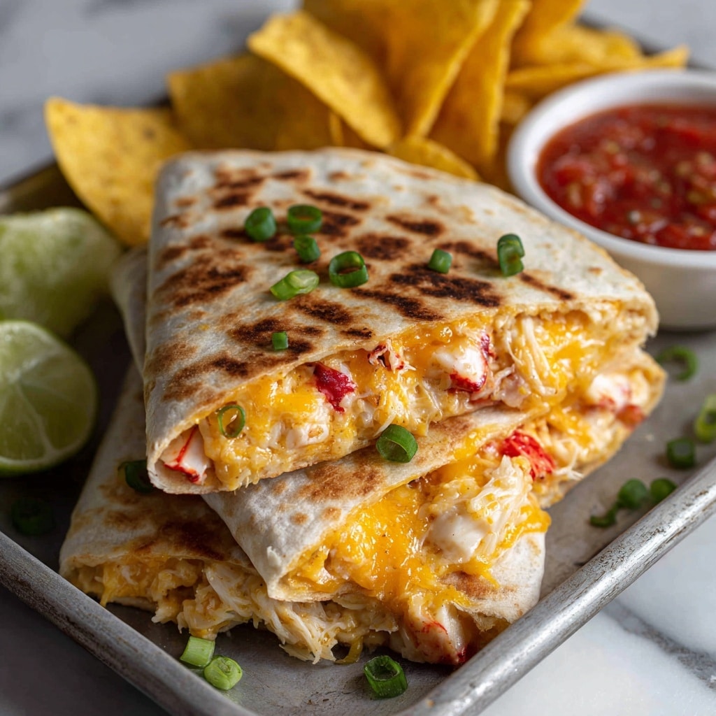 The image shows grilled quesadilla halves stacked on a dark baking tray with black grill marks across the lightly browned white tortillas. The filling inside is a mix of white shredded crab meat and melted yellow cheese slightly oozing from the edges. Small pieces of chopped green onion are sprinkled on and around the quesadillas. Bright yellow corn tortilla chips are scattered on the tray, along with wedges of light green lime. A small white bowl holds chunky red salsa with visible bits of tomato and herbs. The whole scene rests on a white marbled surface. photo taken with an iphone --ar 4:5 --v 7