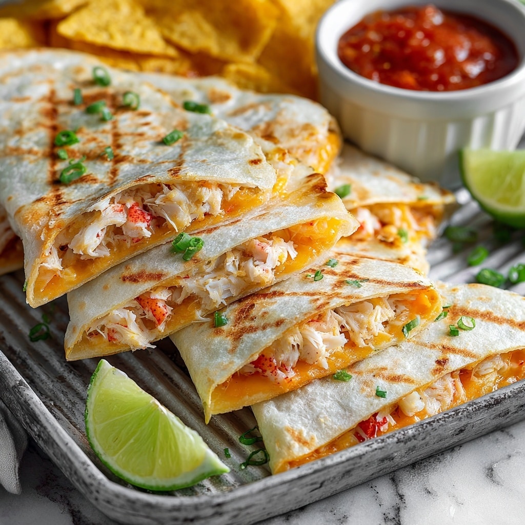 The image shows two folded quesadilla pieces stacked on each other on a gray metal tray with grill marks across the white tortillas. The top quesadilla reveals a visible filling of orange melted cheese mixed with shredded white crab meat and red crab chunks, garnished with small green sliced scallions scattered over and around. Around the tray, there are yellow corn tortilla chips, lime wedges, and a white bowl filled with red salsa on a white marbled surface. photo taken with an iphone --ar 4:5 --v 7
