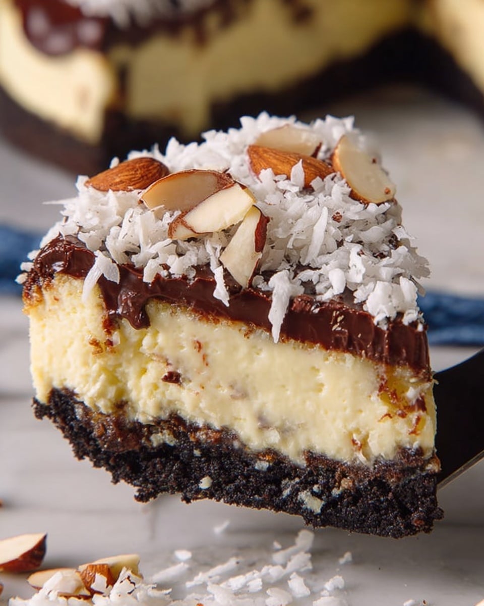 The image shows a round cheesecake with three visible layers placed on a clear glass plate on a white marbled surface. The bottom layer is dark brown, crumbly, and thick, looking like a chocolate or cookie crust. The middle layer is creamy yellow and smooth, making up the main part of the cake. The top layer is a shiny dark chocolate glaze that drips down the sides unevenly. On top, there is a decoration of thin, light brown almond slices forming a ring around the edge, while the center is covered with white coconut shreds. Photo taken with an iphone --ar 4:5 --v 7
