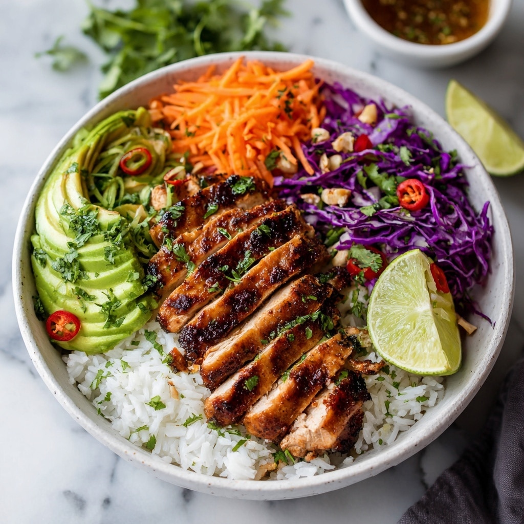 The image shows a bowl filled with a layer of white rice at the bottom. On top, there are slices of grilled chicken arranged in a line, with a brown and slightly charred surface, showing grill marks. Next to the chicken, there is a bright orange layer of shredded carrots and a small pile of purple shredded cabbage. There is also a section of fresh green avocado slices and garnishes of chopped green herbs, red chili slices, and small pieces of chopped garlic or nuts. A lime wedge is placed on the side of the bowl. The bowl is white and sits on a white marbled surface, with a blurred sauce bowl and salad in the background. A woman's hand is partly visible holding the bowl. Photo taken with an iphone --ar 4:5 --v 7