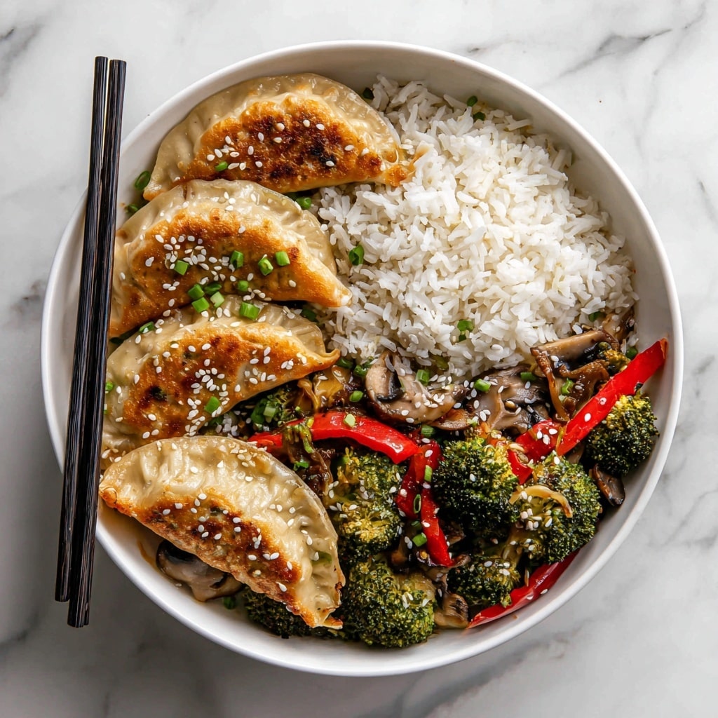A bowl filled with several layers of food sits on a white marbled surface. The bottom layer consists of light beige dumplings covered in a glossy sauce. On top, there are bright green broccoli florets and tender slices of light brown shiitake mushrooms. Scattered cherry tomato halves add spots of deep red color, and the dish is sprinkled with white sesame seeds. Two black chopsticks rest diagonally on the right side of the bowl. Behind the bowl, there are two wooden utensils with smiling faces carved into them. A woman's hand holds one black chopstick reaching into the bowl. Nearby, a small white bowl contains a white grain, possibly rice. A blue cloth is folded at the lower left corner. The whole setup is on a white marbled surface. photo taken with an iphone --ar 4:5 --v 7