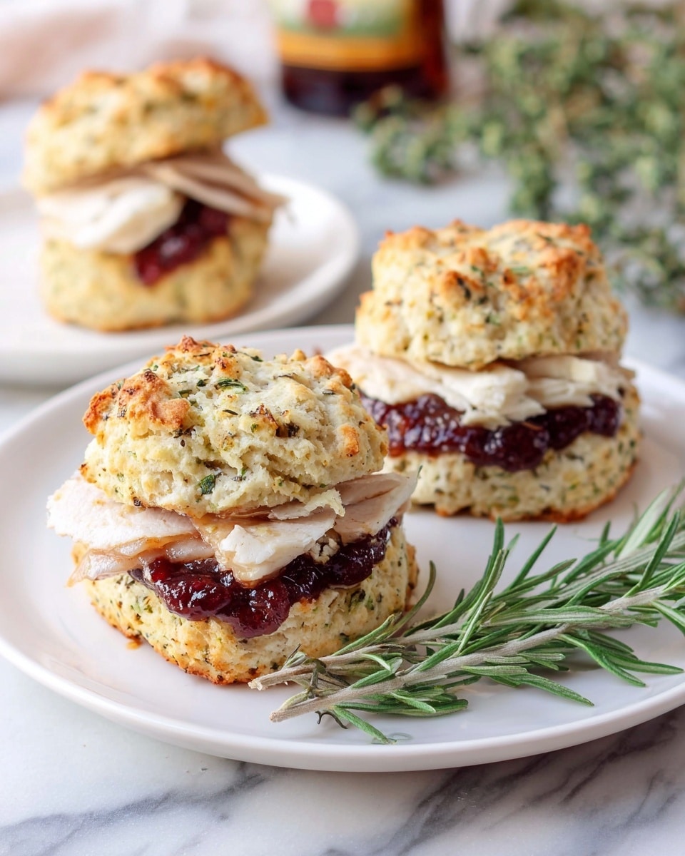 A white plate holds seven herb biscuits that are golden brown with a rough, crumbly texture. Each biscuit has flecks of green herbs scattered throughout its uneven surface, giving a rustic look. The biscuits are grouped closely, with one biscuit in the front clearly showing its rugged edges and small baked cheese spots tinted light orange. Behind the biscuits, sprigs of fresh rosemary and thyme add green contrast, and in the blurred background, a white dish with butter and a knife rests on a white marbled surface. photo taken with an iphone --ar 4:5 --v 7