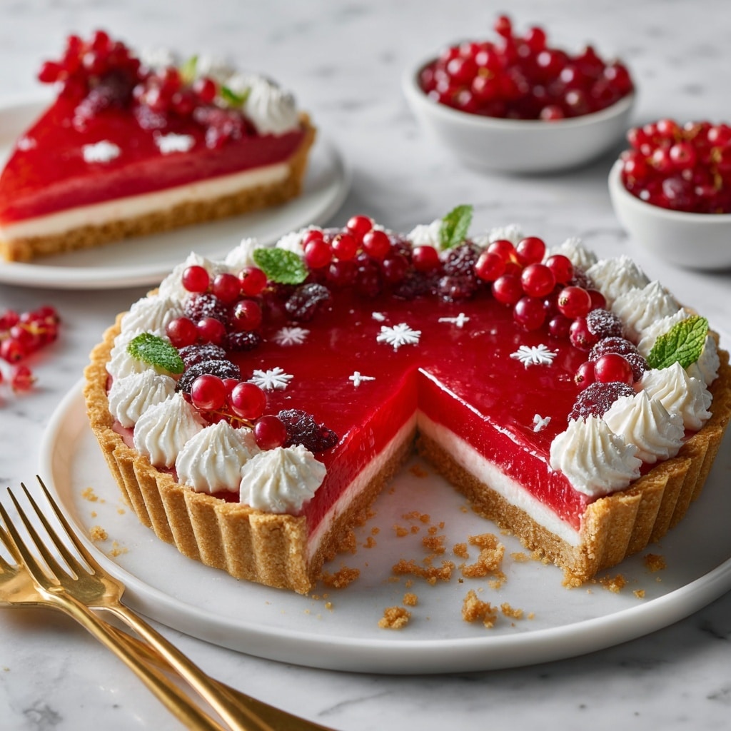 A tart with a golden-brown crust holds three distinct layers: a thin bottom crust, a thick bright red smooth filling in the middle, and a top decorated with white whipped cream swirls, red currants, dark sugared berries, and green leaves. Small white snowflake-shaped sprinkles are scattered on the filling. The tart sits on a white plate with two golden forks placed near the slice that is cut out. In the background, there are two white bowls filled with red currants, all set on a white marbled surface. photo taken with an iphone --ar 4:5 --v 7