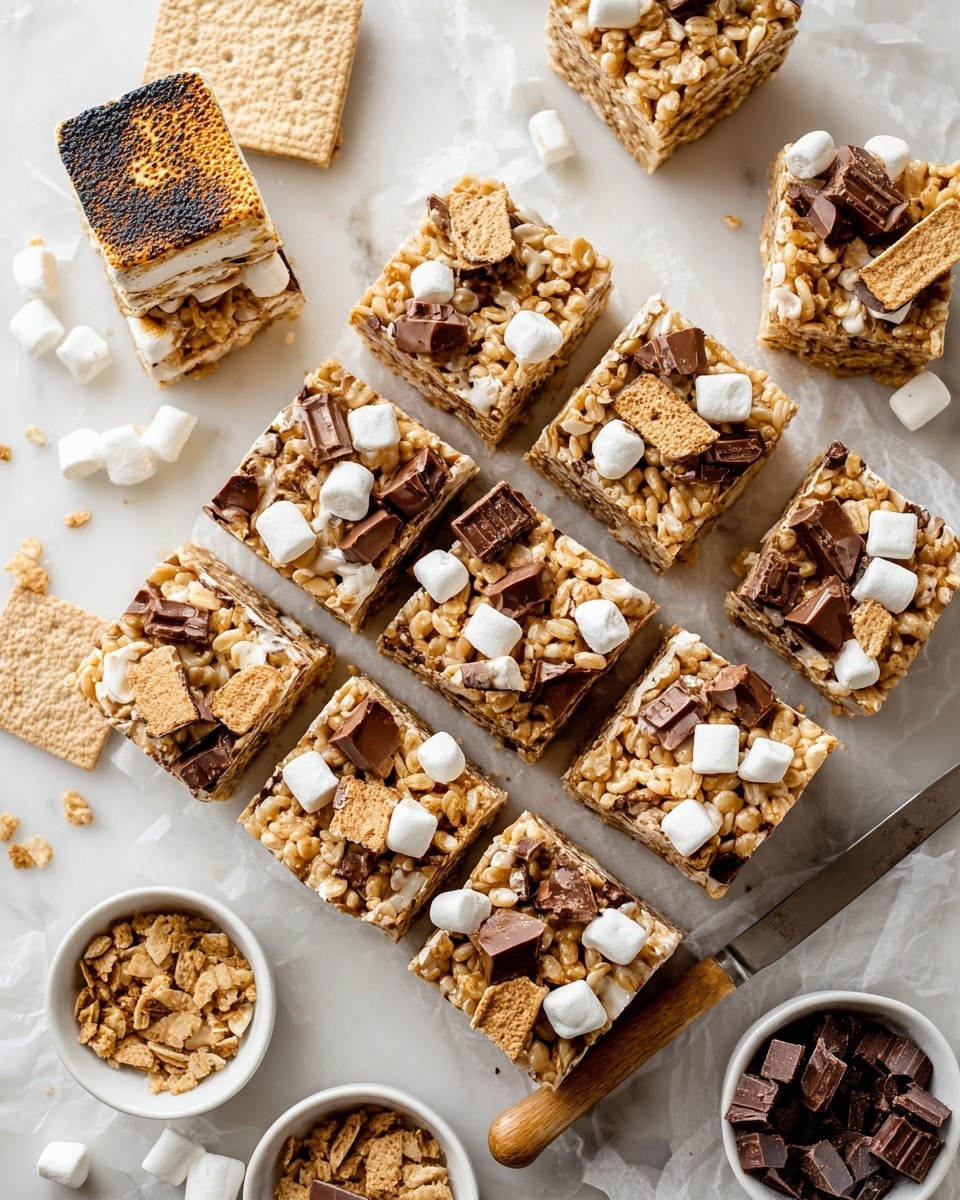 The image shows a close-up of a square-shaped cereal treat bar composed of several layers. The base layer is light tan with puffed rice cereal clusters, creating a crunchy texture. Above this, there are some scattered mini white marshmallows and golden brown crispy cereal pieces mixed in. On the top layer, there is a generous topping of melted, glossy dark chocolate chunks, partially melted and spread unevenly, adding a rich, shiny texture. The treat is placed on a white marbled surface with additional similar bars blurred in the background, showing a soft, creamy, and sweet snack. photo taken with an iphone --ar 4:5 --v 7