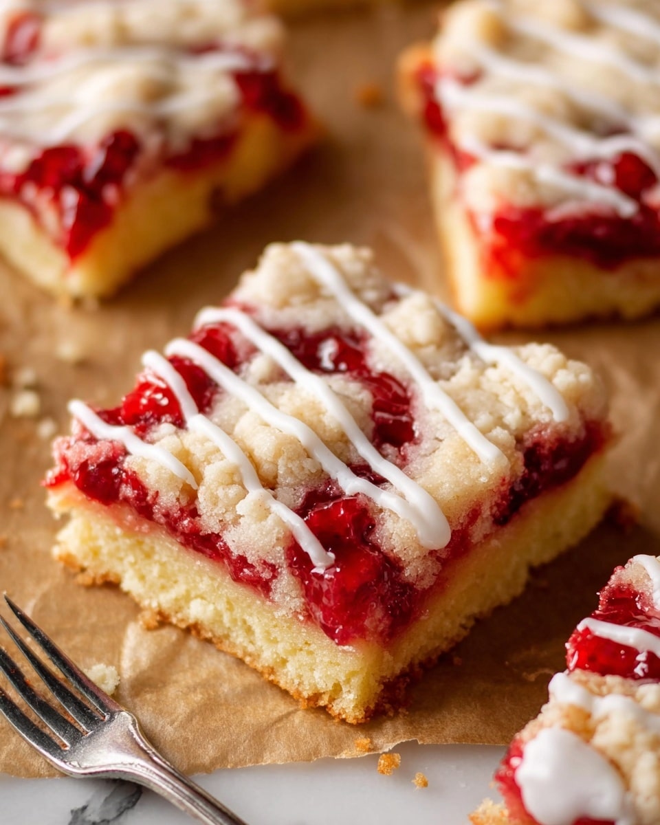 This image shows a square piece of dessert on brown parchment paper with more pieces around it. The dessert has three visible layers: a thick golden-yellow cake base, a bright red jam layer in the middle with some chunks of fruit, and a light beige crumbly top layer with drizzled white icing on top. The white icing is spread unevenly, adding texture and contrast to the red jam. The focus is on the center piece, showing its soft texture and moist jam, while a silver fork is partially visible on the left side. The background is a white marbled texture. photo taken with an iphone --ar 4:5 --v 7