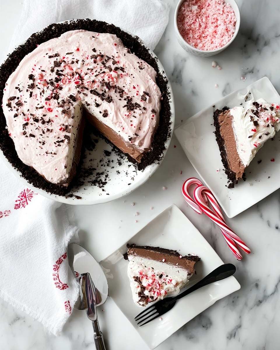 The image shows a dessert pie with three layers: a dark crumbly crust forming the base and sides, a thick smooth chocolate layer in the middle, and a light pink whipped cream topping dotted with dark chocolate shavings and small red sprinkles on top. A large slice is missing from the pie, and two slices are served on white square plates, one with a black fork resting on it. Nearby, a small white bowl holds crushed pink candy, and two candy canes lie on a white marbled surface close to a silver pie server resting on a white towel with a red and black design. The overall scene is bright and clean with a white marbled background. photo taken with an iphone --ar 4:5 --v 7