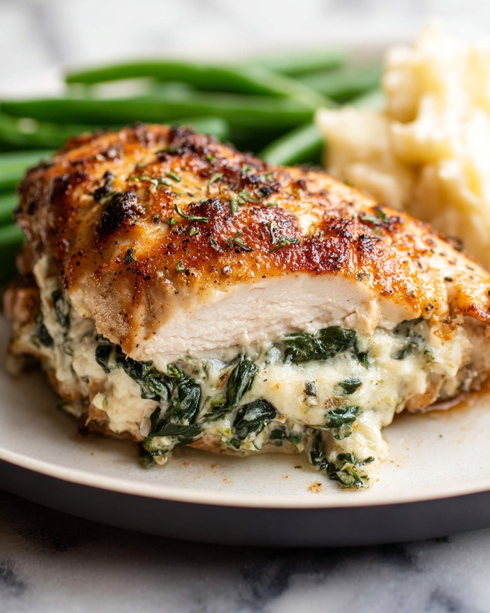 A close-up view of a black skillet with four golden-brown stuffed chicken breasts cooked to a crispy finish. Each chicken breast is split in half and filled with a creamy white cheese mixture with green spinach, visible in the middle layer, oozing slightly out of the sides. The top layer is the browned chicken skin with a slightly textured surface, while the skillet has small patches of cooked juices and cheese around the edges on the bottom layer. The skillet handle is a soft blue color, and the whole skillet rests on a white marbled textured surface. Photo taken with an iphone --ar 4:5 --v 7