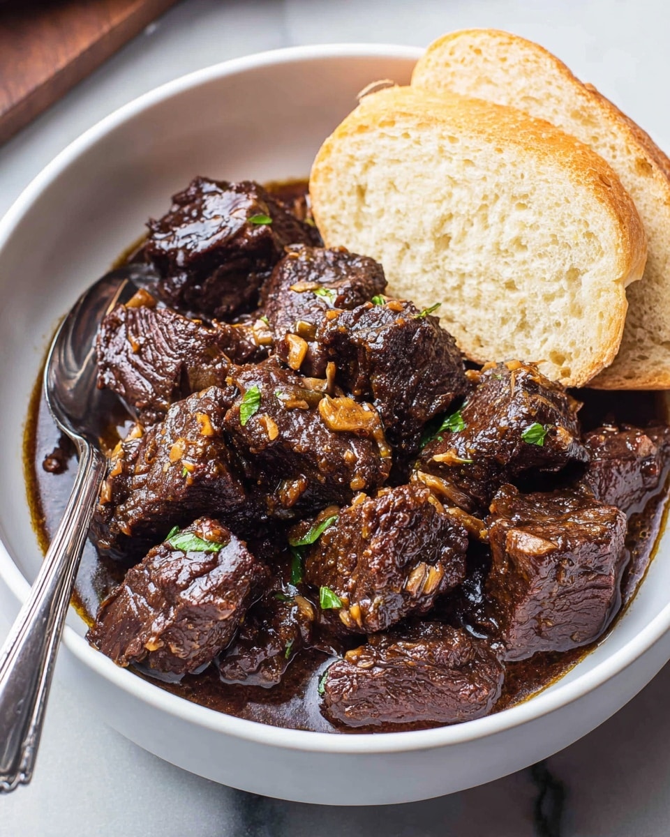 A bowl filled with several thick dark brown chunks of beef covered in a shiny, rich sauce with bits of garlic and onion visible on top and around the meat, the sauce pooling slightly at the bottom of the bowl. To the right side, two slices of light tan bread lean inside the bowl, and a silver fork rests on the left edge of the bowl. The bowl is white and placed on a white marbled surface. photo taken with an iphone --ar 4:5 --v 7