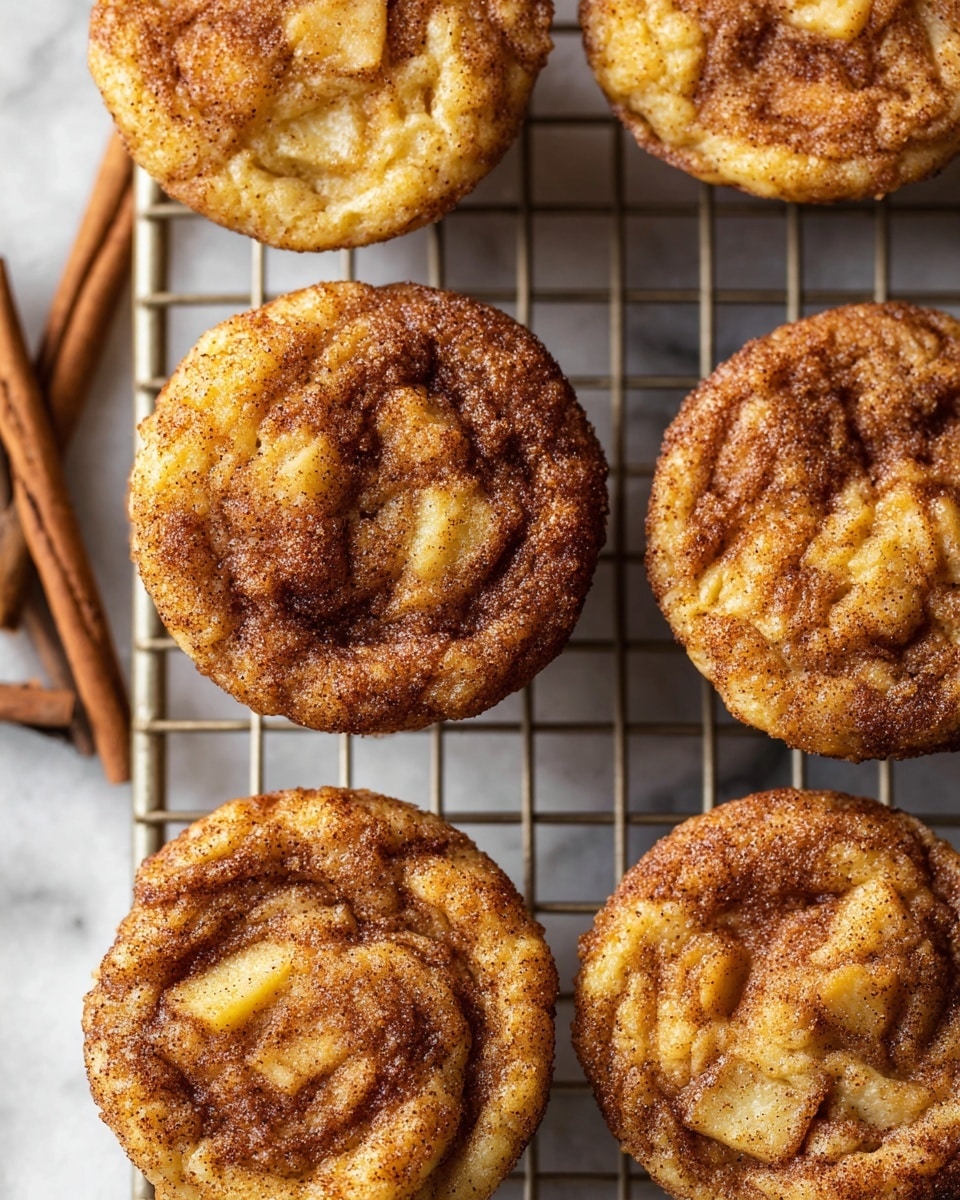 The image shows several soft cookies covered in a generous layer of cinnamon sugar, lying flat on a white marbled surface. One cookie is broken open and placed on top of another, revealing a soft, slightly gooey middle with chunks of what look like apple pieces. The cookies have a rough, cracked texture with a warm golden-brown color mixed with darker cinnamon specks. The cookies arranged in a casual cluster, giving a fresh-baked, homemade feel. photo taken with an iphone --ar 4:5 --v 7