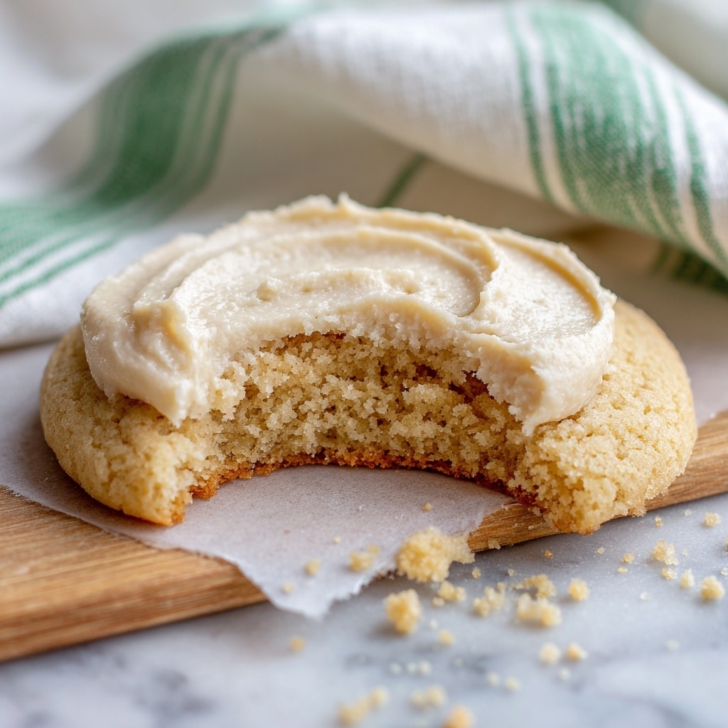 A round, flat cookie sits on a rose gold wire rack over a white marbled texture, topped with one thick, uneven layer of creamy, light beige frosting speckled with small dark dots, spread in swirling strokes; several similar cookies are partially visible, and a rose gold spoon with more of the same frosting rests on crumpled brown parchment paper beside the rack. photo taken with an iphone --ar 4:5 --v 7