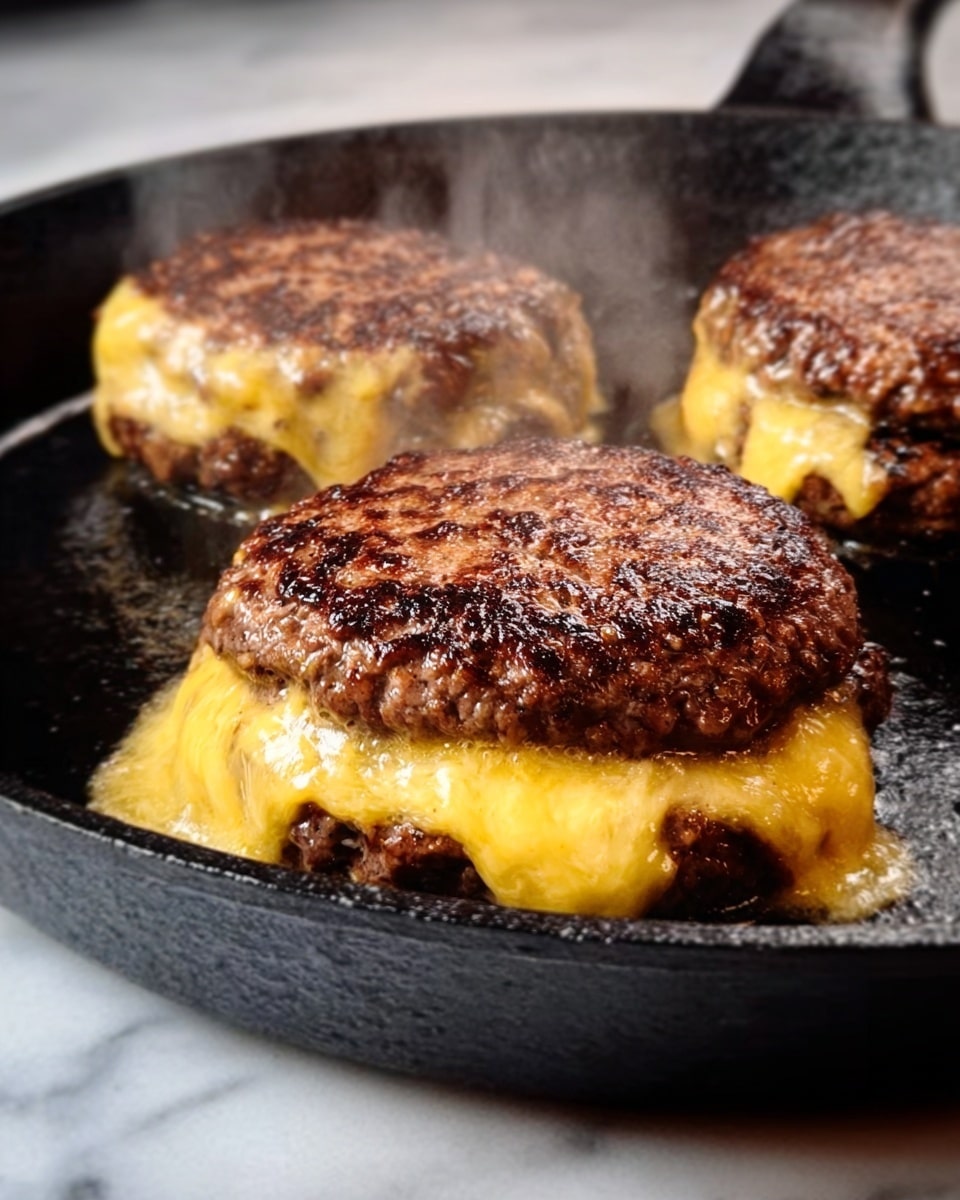 Three thick, juicy beef burger patties each topped with melted yellow cheddar cheese are cooking on a black cast iron pan. The patties are browned with a slightly charred texture on top, and the gooey cheese is melting and oozing down the sides of the patties. Steam rises from the hot pan, highlighting the juicy and fresh cooking process. The surface under the pan is a white marbled texture. Photo taken with an iphone --ar 4:5 --v 7