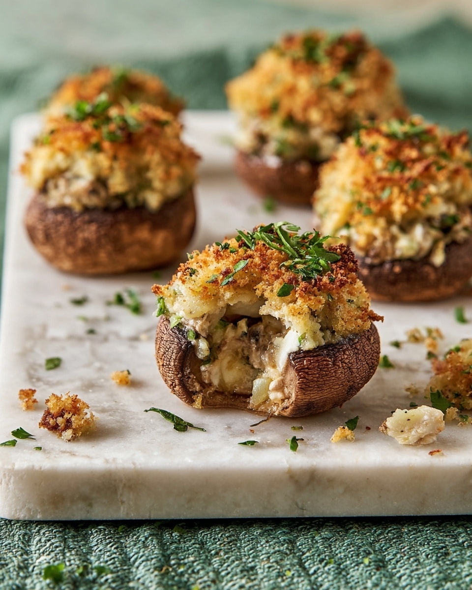 The image features four stuffed mushrooms arranged on a white marbled slab, with one mushroom cut in half in the foreground. Each mushroom has three distinct layers: the base is a smooth, brown mushroom cap; the middle layer contains a mixture of light beige filling with bits of green herbs and small chunks of creamy white cheese; the top layer is a golden-brown, crunchy breadcrumb crust sprinkled with finely chopped green herbs. Crumbs and small green herb pieces are scattered around the mushrooms on the slab, all resting on a green textured cloth surface. Photo taken with an iphone --ar 4:5 --v 7