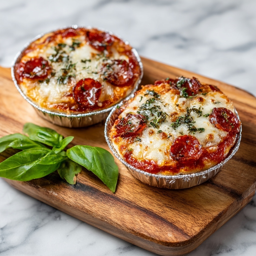 The image shows nine small round mini pizzas in silver foil cups arranged on a wooden board. Each mini pizza is made up of three visible layers: a golden brown crust at the bottom, a thick red tomato sauce layer in the middle, and a top layer of melted white cheese sprinkled with small chunks of reddish-brown pepperoni and dried green herbs. A fresh green basil leaf is placed next to the pizzas on the board, which rests on a white marbled surface. photo taken with an iphone --ar 4:5 --v 7