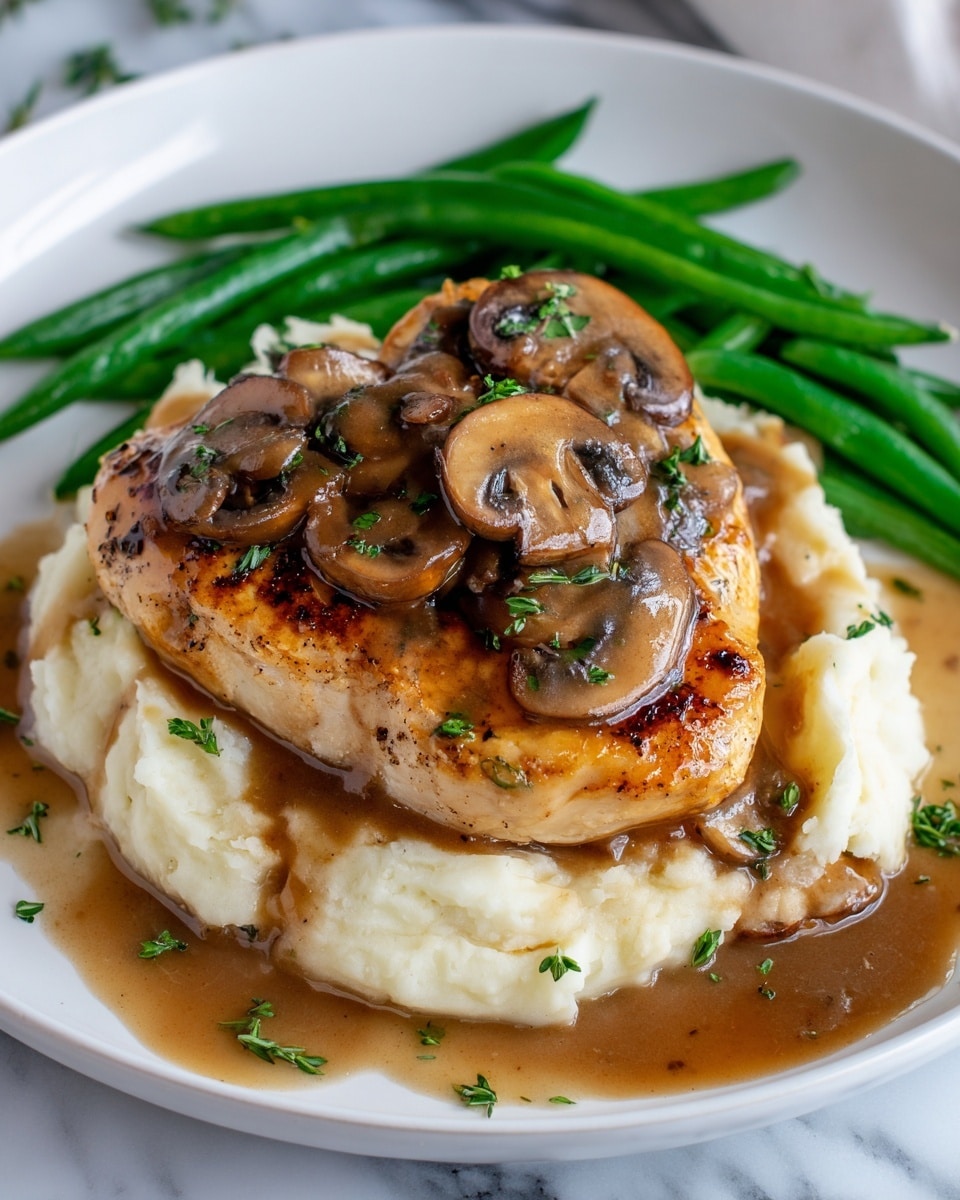 A black cast iron pan filled with five cooked chicken breasts covered in light brown mushroom sauce with visible mushroom slices on top. The chicken breasts are golden brown with grill marks, scattered with chopped green herbs. The sauce has a creamy texture and surrounds the chicken pieces. The pan is placed on a green cloth over a white marbled texture. photo taken with an iphone --ar 4:5 --v 7