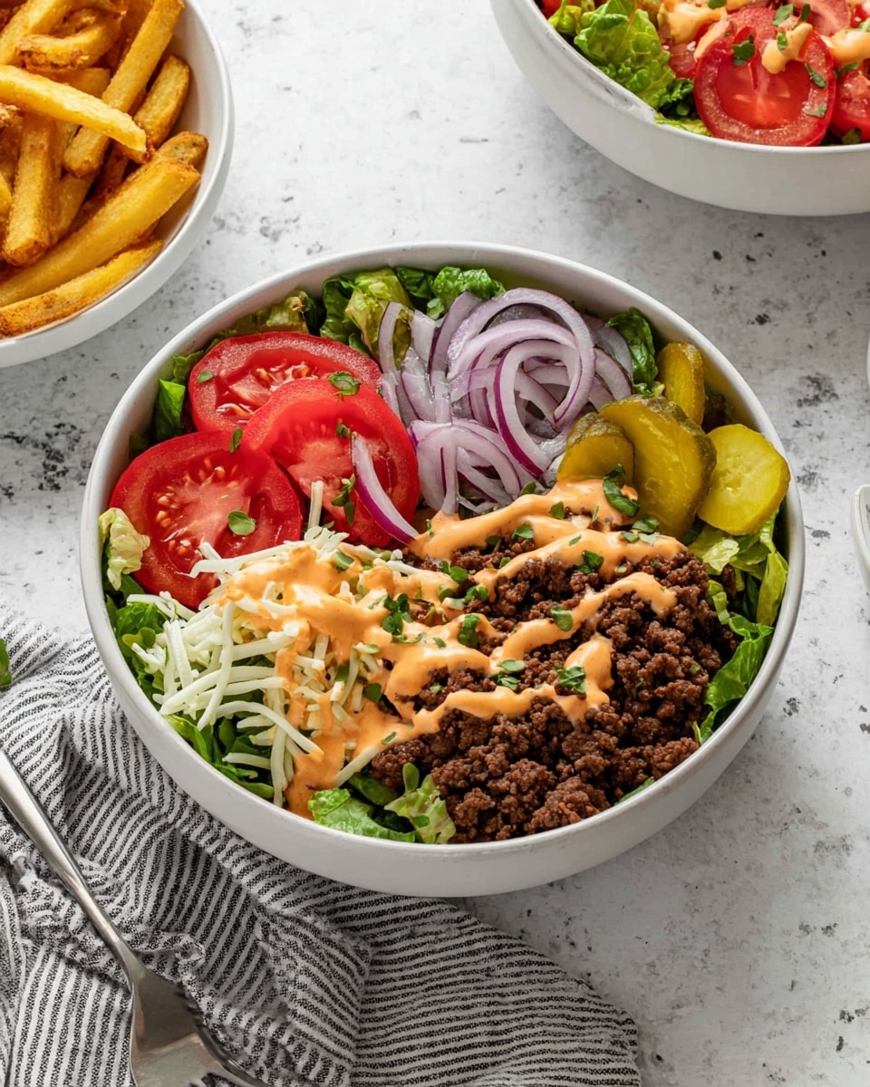 A white bowl filled with a colorful salad arranged in distinct sections: the bottom layer is a bed of green leafy lettuce, topped with bright red sliced cherry tomatoes on the left, thinly sliced purple onions in curved rings above them, shredded white cheese in the center, dark brown cooked ground beef on the right, and yellow-green pickle slices at the bottom right. A creamy orange dressing is drizzled unevenly over the beef, tomatoes, pickles, and cheese, with a sprinkle of small green herbs scattered on top. The bowl sits on a white marbled surface with a silver fork resting on a striped grey and white cloth napkin by its side. In the background, there are two more white bowls, one filled with more salad and the other with golden fries. Photo taken with an iphone --ar 4:5 --v 7