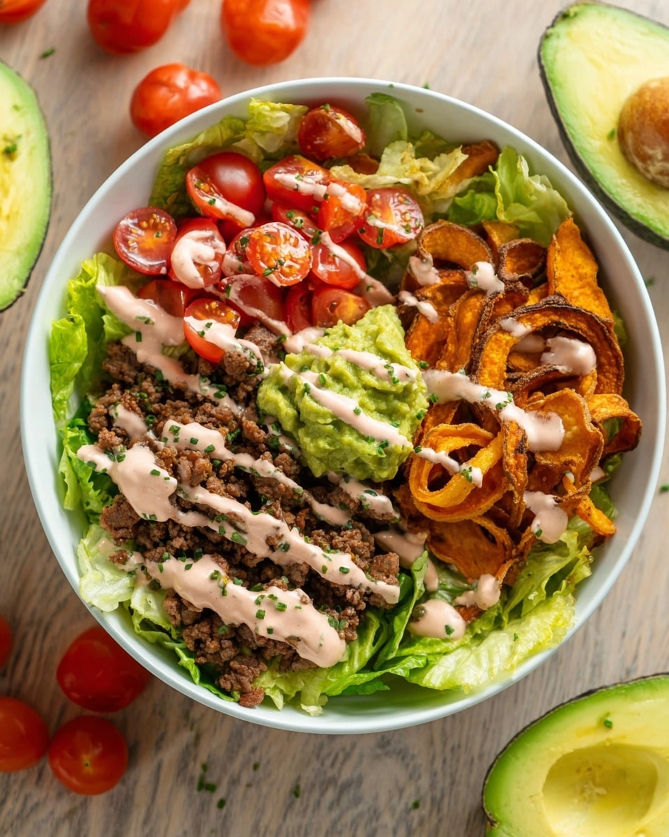 A white bowl filled with a fresh salad shows five main layers starting at the bottom with bright green lettuce leaves. On top of the lettuce are halved red cherry tomatoes scattered on one side and a dollop of chunky green guacamole placed near the top side of the bowl. Next, cooked ground beef sits in the center, with slices of light green pickles on the right. Crispy brown and orange sweet potato chips are placed near the pickles. Thinly cooked onion rings are spread over the lettuce near the bottom. The salad is all drizzled with creamy light pink sauce, lightly dotted with small green herb bits. The bowl rests on a white marbled surface with halved avocados and cherry tomatoes nearby. Photo taken with an iphone --ar 4:5 --v 7