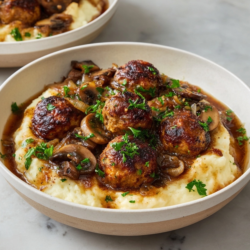 A white bowl filled with six round brown meatballs, some whole and one cut open showing a tender inside, in a light brown mushroom sauce with glossy sliced mushrooms spread around. Fresh dark green arugula leaves are piled on one side, drizzled with a dark balsamic glaze. The bowl sits on a dark cloth over a white marbled surface, and a brown spoon rests inside the bowl. The dish is garnished with small green herb pieces scattered on the meatballs and sauce. Photo taken with an iphone --ar 4:5 --v 7