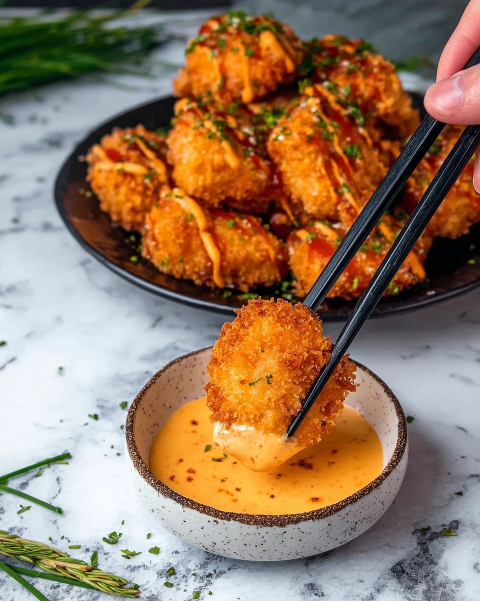 A round white plate with a smaller black plate inside holds a pile of golden-brown fried cauliflower pieces. The crispy cauliflower is drizzled with a light sauce and sprinkled with small green onion slices. A lemon wedge sits on the right side of the black plate. Black chopsticks rest next to the plate on a white marbled surface, with a bowl of creamy sauce blurred in the background. photo taken with an iphone --ar 4:5 --v 7