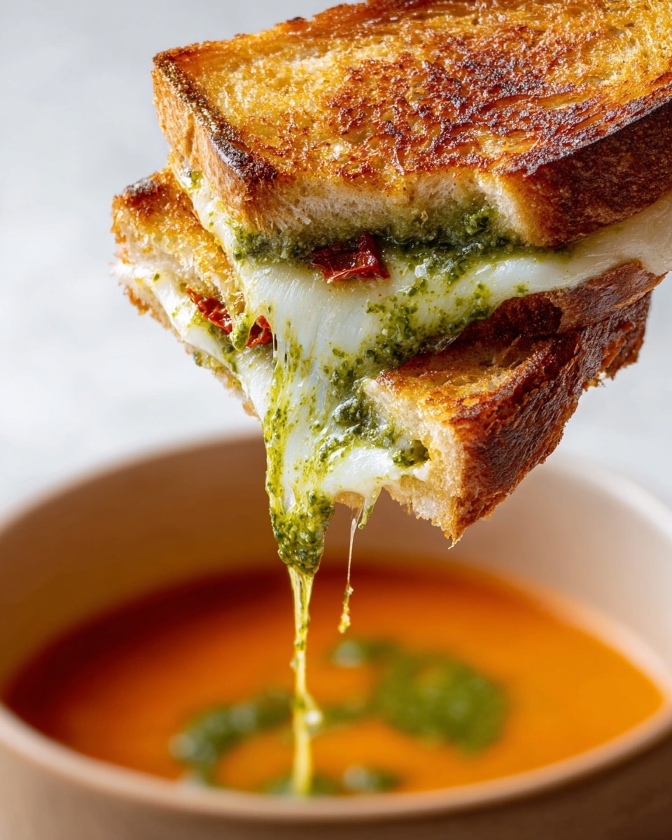 A tall stack of three grilled cheese sandwiches is shown, each sandwich having golden toasted bread with a crispy texture. Between the layers of bread, there is a thick spread of green pesto sauce mixed with bits of red sun-dried tomatoes. The cheese inside is melted and gooey, stretching out between the sandwiches in long, shiny strands. Some basil leaves and pine nuts are scattered around the base on a dark surface, adding to the fresh and rich look. The background is a soft, light gray that contrasts the warm colors of the sandwich stack. photo taken with an iphone --ar 4:5 --v 7