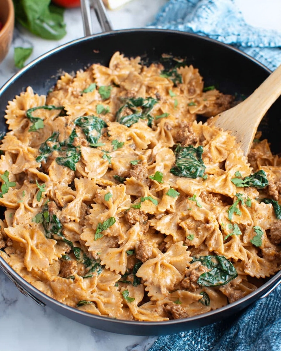 A black pan is filled with creamy farfalle pasta mixed with cooked ground meat and fresh green spinach leaves, all coated evenly in a light orange creamy sauce with a slightly grainy texture; a light wooden spoon is seen stirring on the right side of the pan, and the background is a white marbled textured surface with a hint of blue cloth and some blurred ingredients. photo taken with an iphone --ar 4:5 --v 7